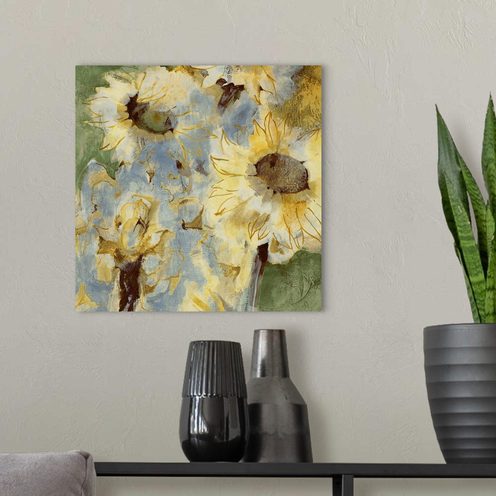A modern room featuring Docor perfect for the home of sunflowers that are painted softly with muted colors.