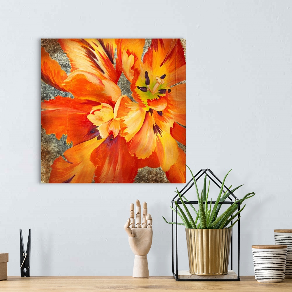 A bohemian room featuring Square artwork of a large orange flower with yellow details on a metallic bronze background.