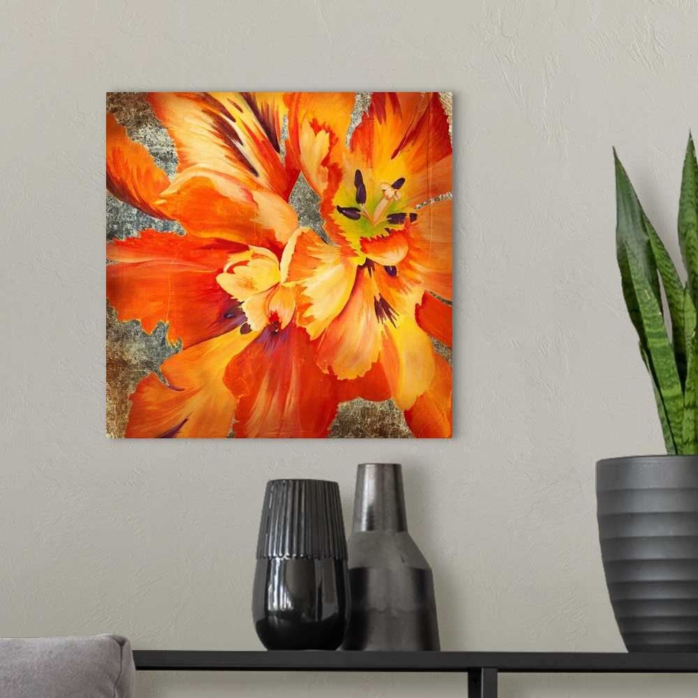 A modern room featuring Square artwork of a large orange flower with yellow details on a metallic bronze background.