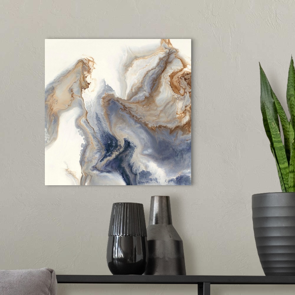 A modern room featuring Gray, silver, cream, and gold hues marbling together on a square canvas.