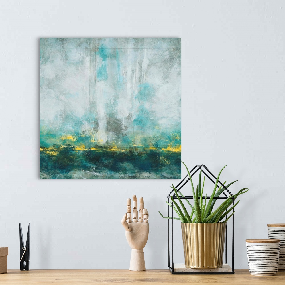 A bohemian room featuring Contemporary abstract painting using a variety of tones surrounding teal.