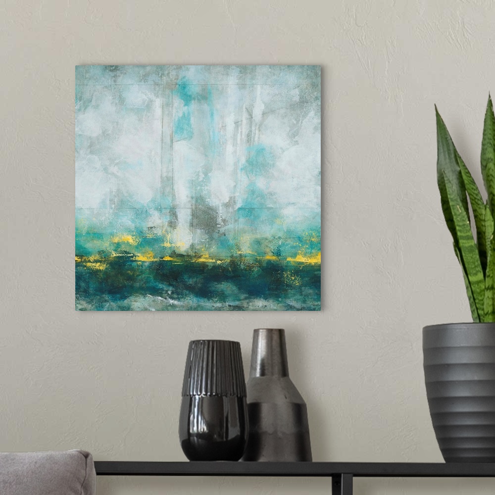 A modern room featuring Contemporary abstract painting using a variety of tones surrounding teal.