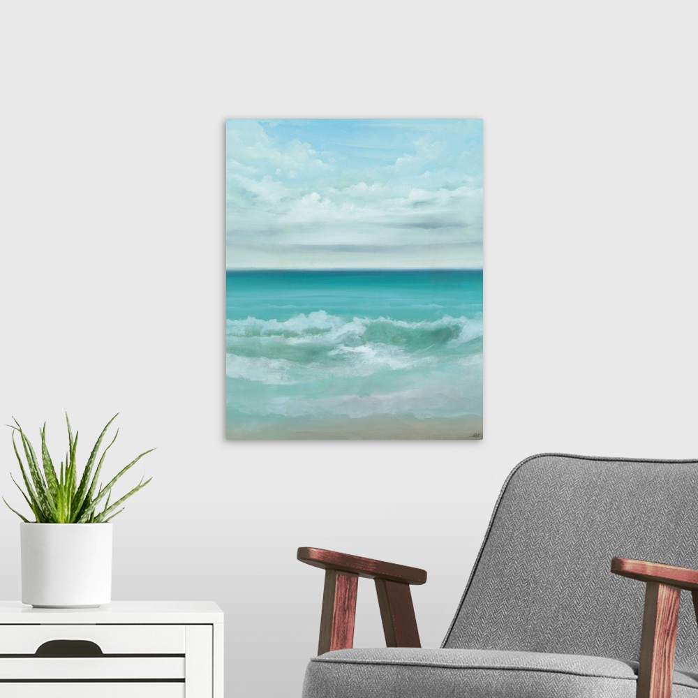 A modern room featuring A painting of a crystal blue seascape.