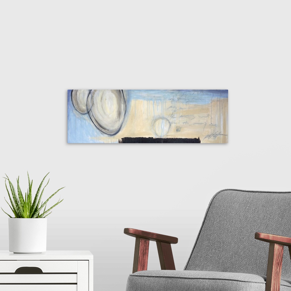 A modern room featuring Contemporary abstract painting using subtle cool tones and organic shapes.