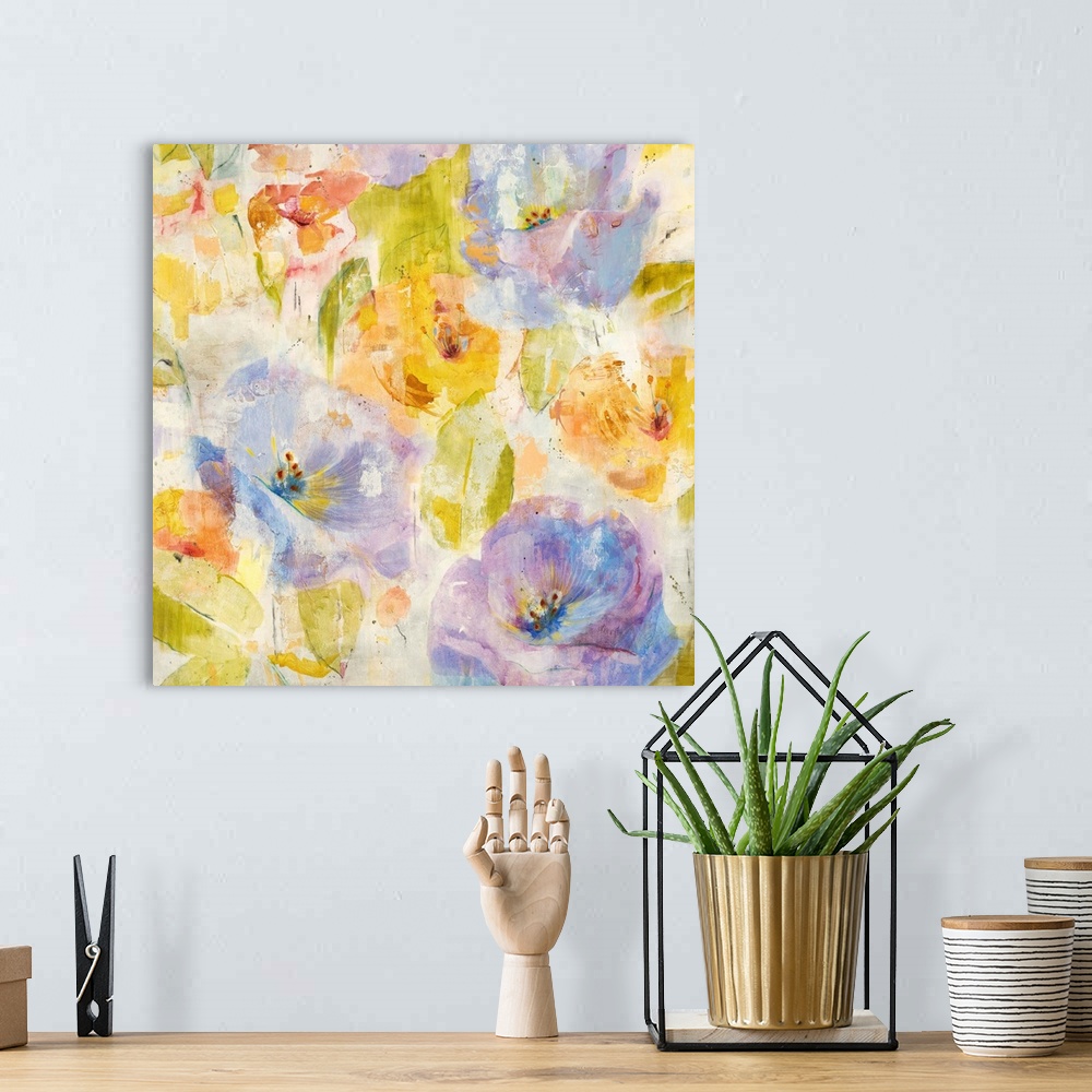 A bohemian room featuring A contemporary painting of soft pale purple and orange flowers.
