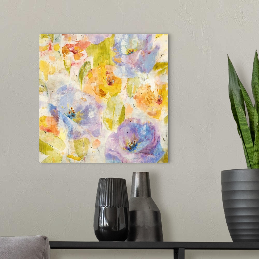 A modern room featuring A contemporary painting of soft pale purple and orange flowers.