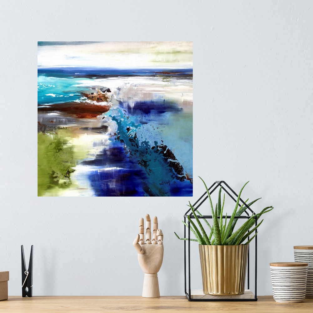 A bohemian room featuring Square painting of an abstract lake landscape in shades of blue, green, brown, gray, and white.