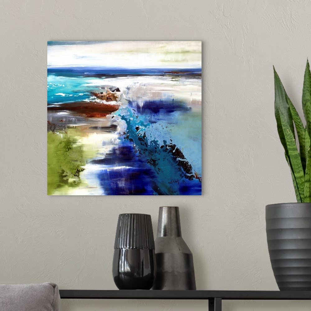 A modern room featuring Square painting of an abstract lake landscape in shades of blue, green, brown, gray, and white.
