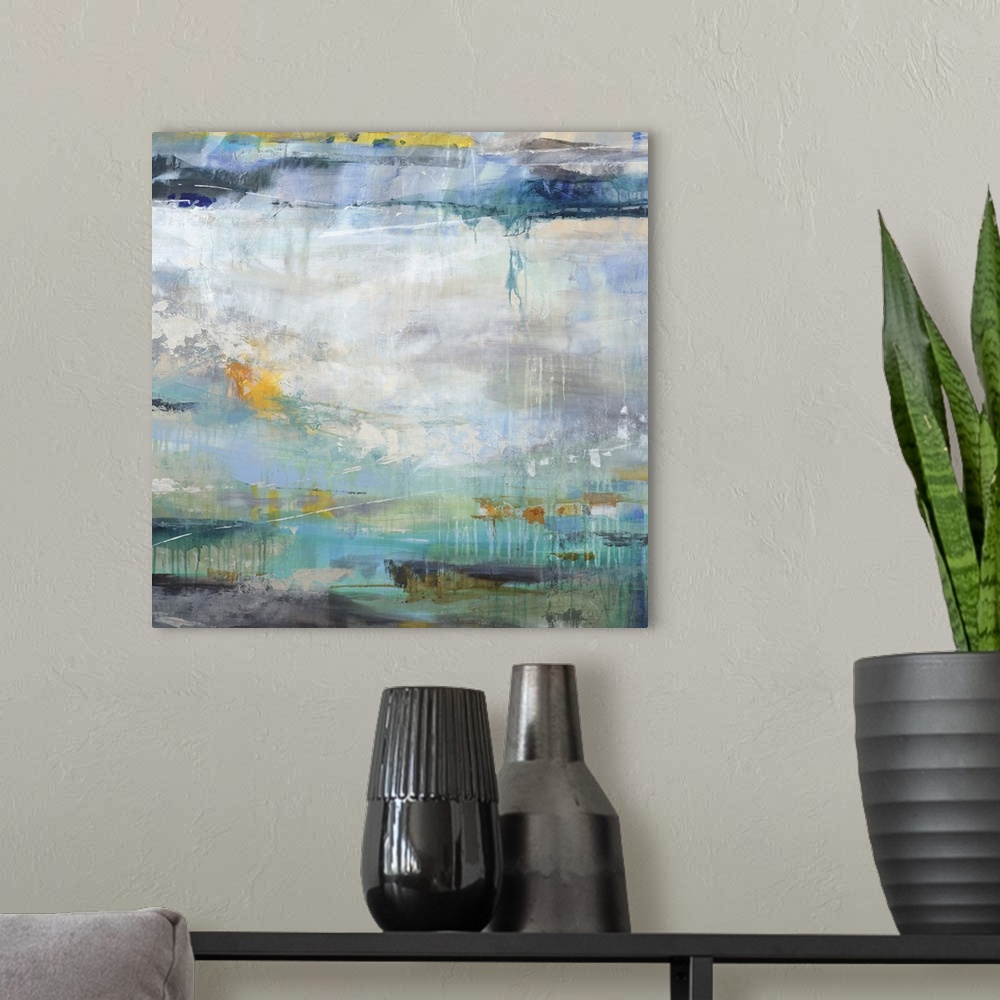 A modern room featuring Abstract painting using cool tones and textures to create what looks like water.