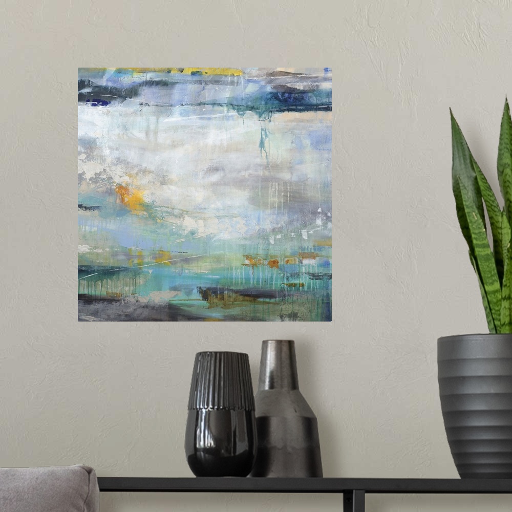 A modern room featuring Abstract painting using cool tones and textures to create what looks like water.