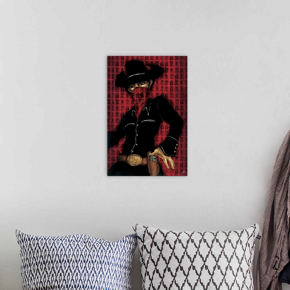 A bohemian room featuring A painting of a bandit wearing all black and red kerchief on his face.
