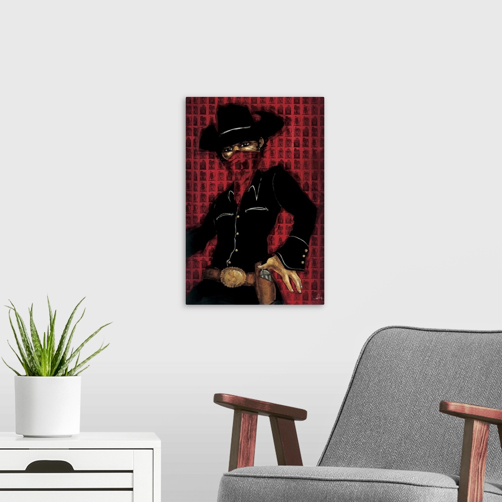 A modern room featuring A painting of a bandit wearing all black and red kerchief on his face.