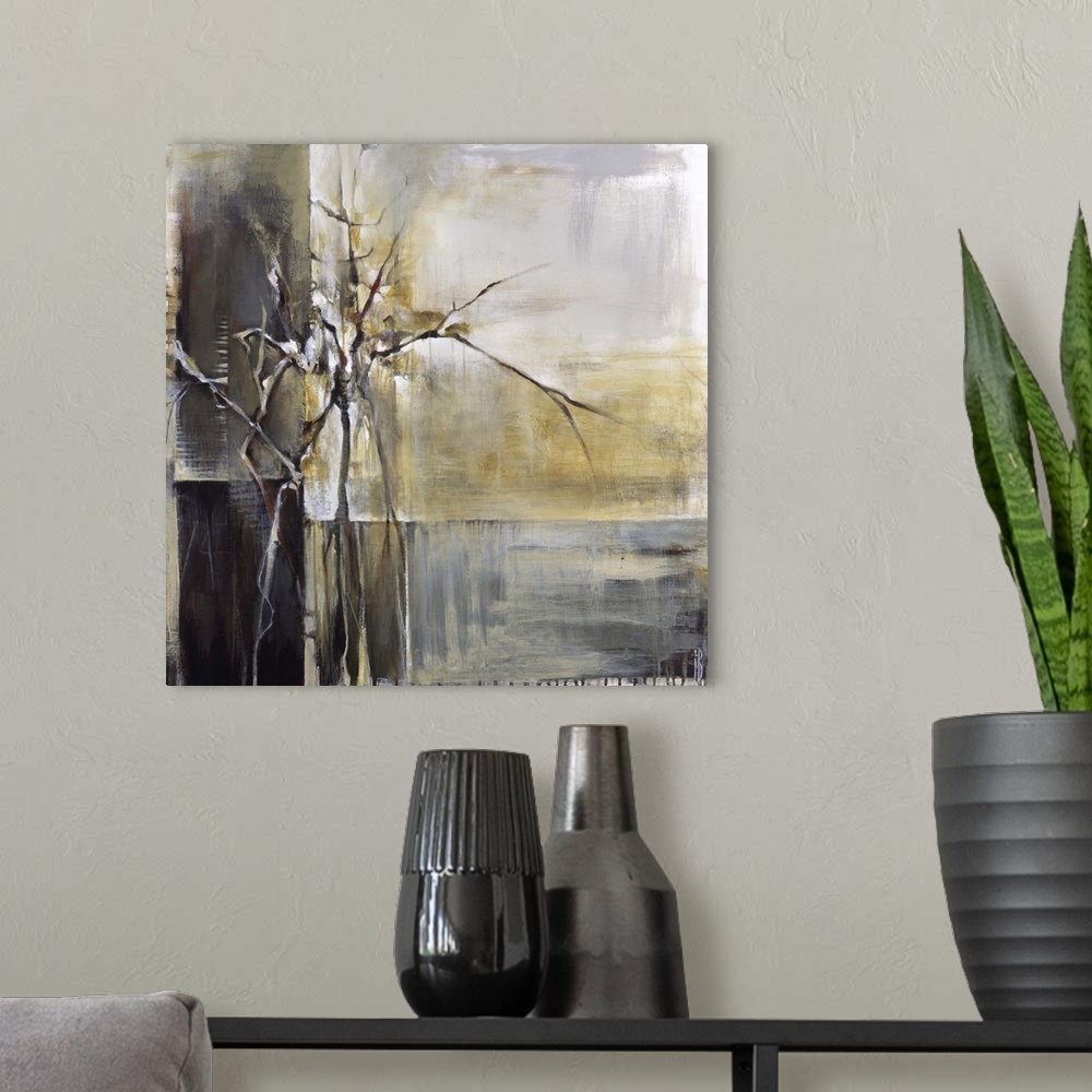 A modern room featuring Contemporary abstract painting using contrasting deep colors and intricate lines.