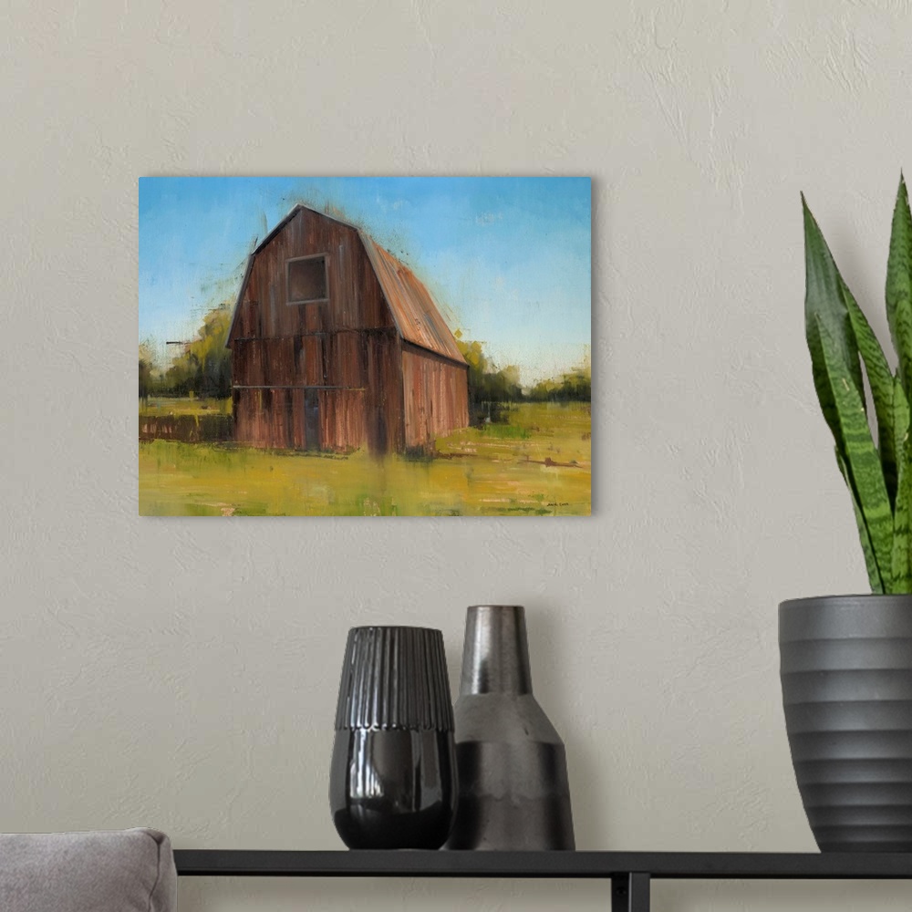 A modern room featuring Contemporary painting of a tall wooden barn in a country landscape.