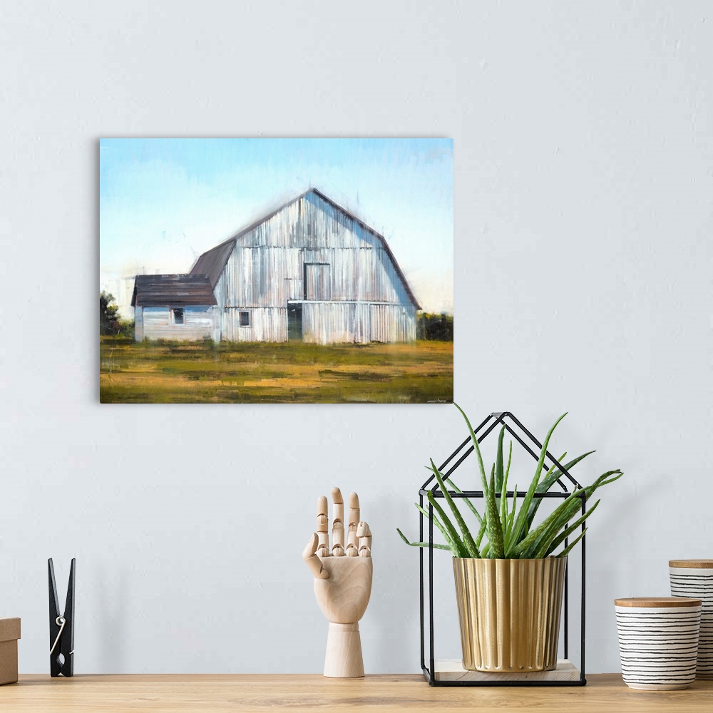 A bohemian room featuring Contemporary painting of a large white barn with a rustic feel.