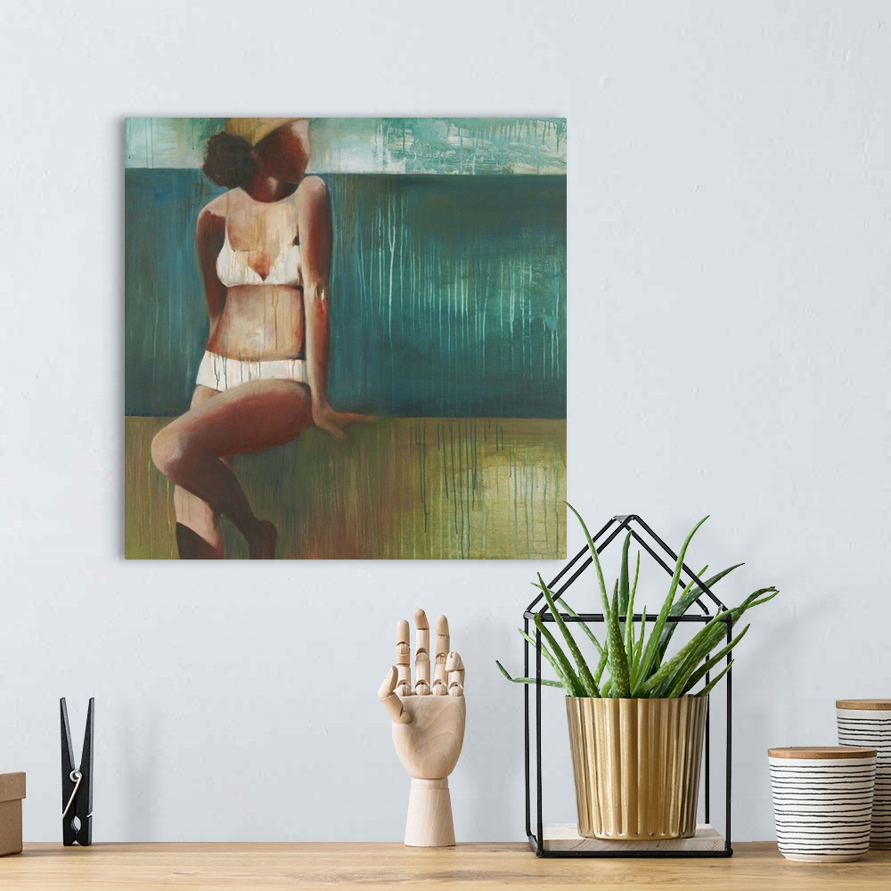 A bohemian room featuring Contemporary figurative painting of a woman wearing a white bikini.