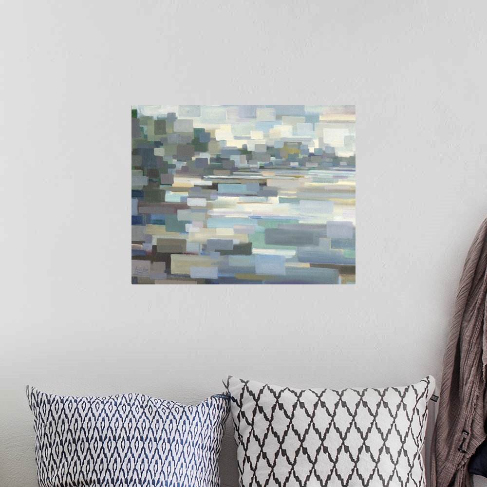 A bohemian room featuring Contemporary abstract painting using pale muted tones and geometric shapes.