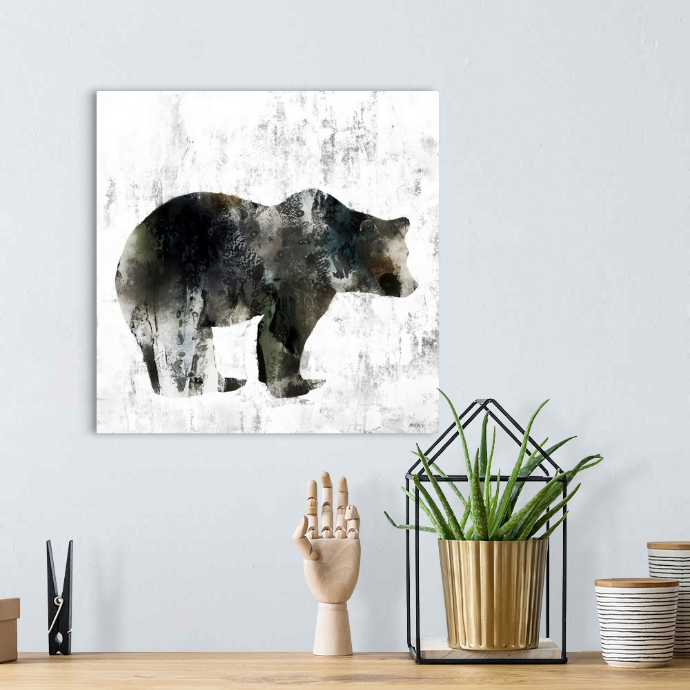 A bohemian room featuring A simple stylized image of a bear that is both rustic and contemporary, in textured neutral shade...