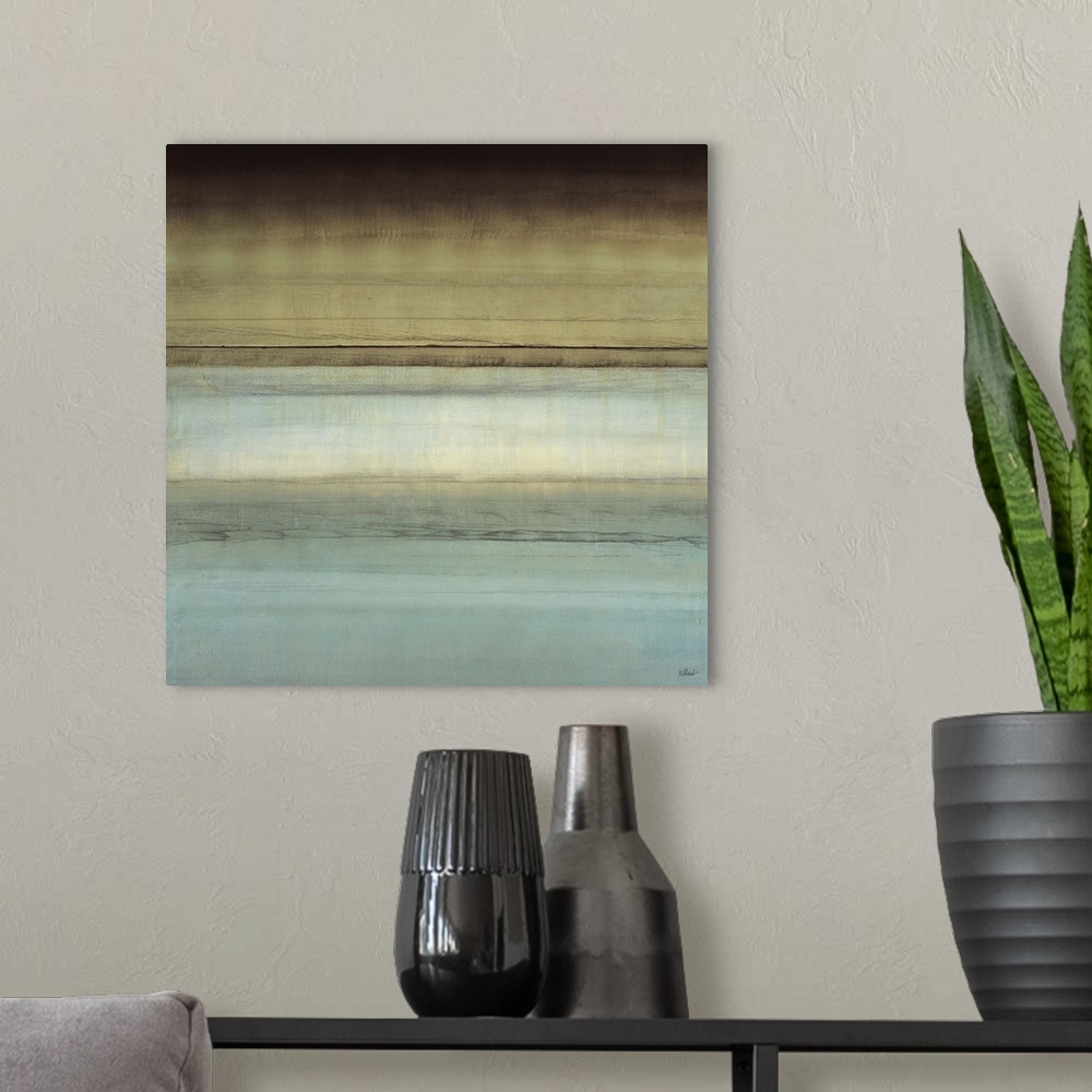 A modern room featuring Contemporary abstract painting using subtle warm and cool tones blending together.