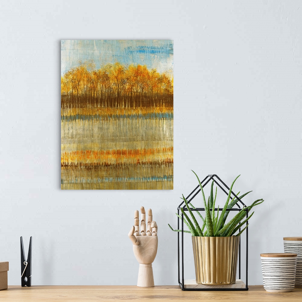 A bohemian room featuring Abstract painting on canvas of a line of trees with gradient colors layered below.