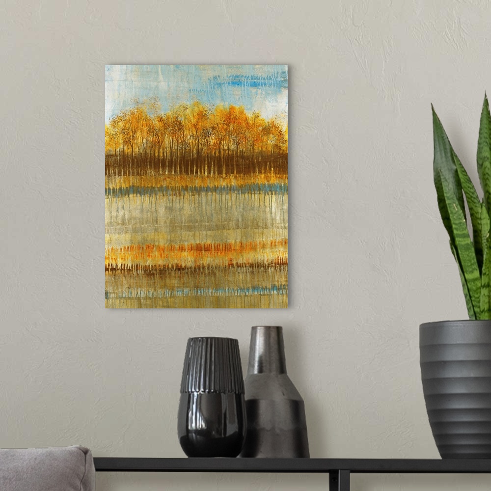 A modern room featuring Abstract painting on canvas of a line of trees with gradient colors layered below.