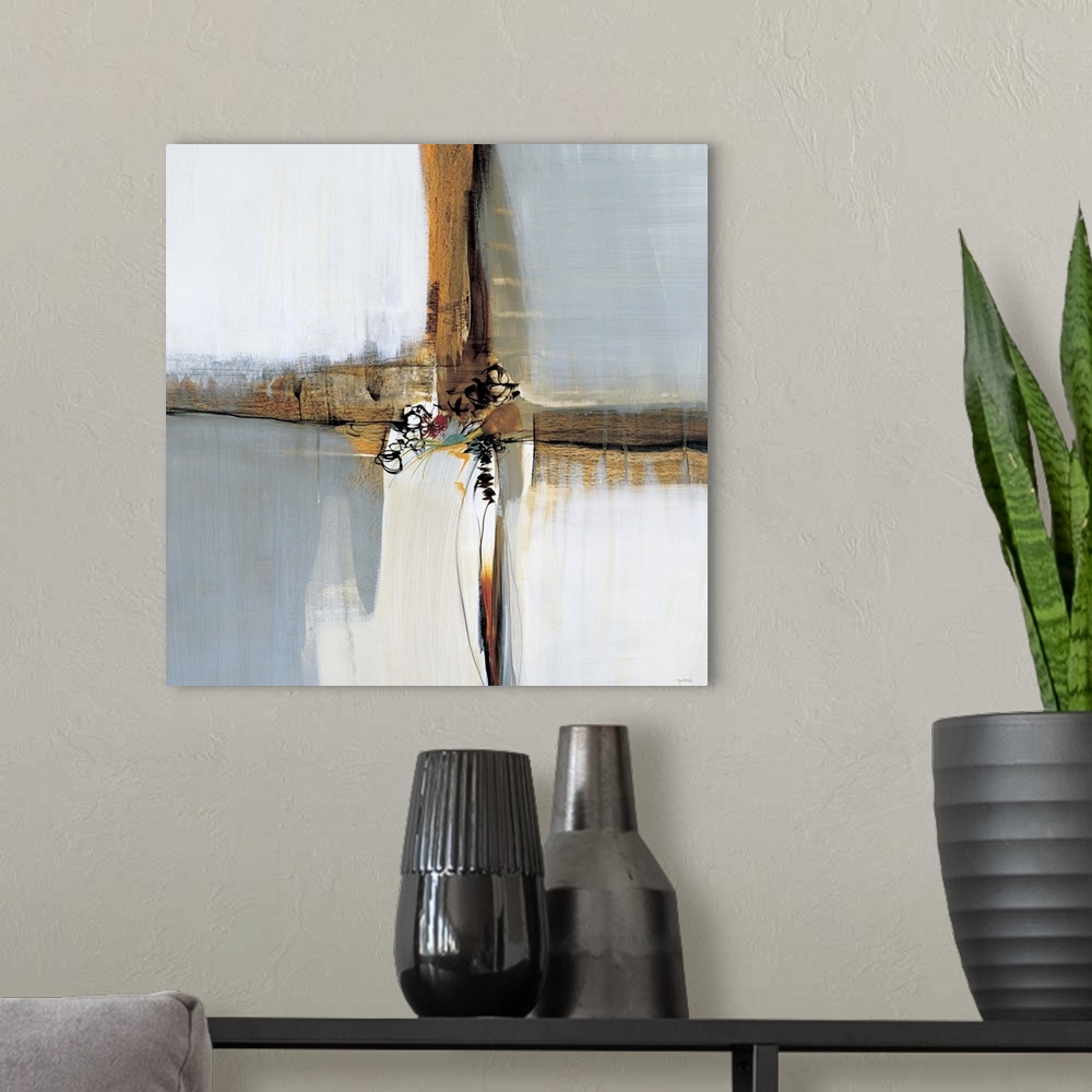 A modern room featuring Contemporary abstract painting using earth tones over top of neutral tones.