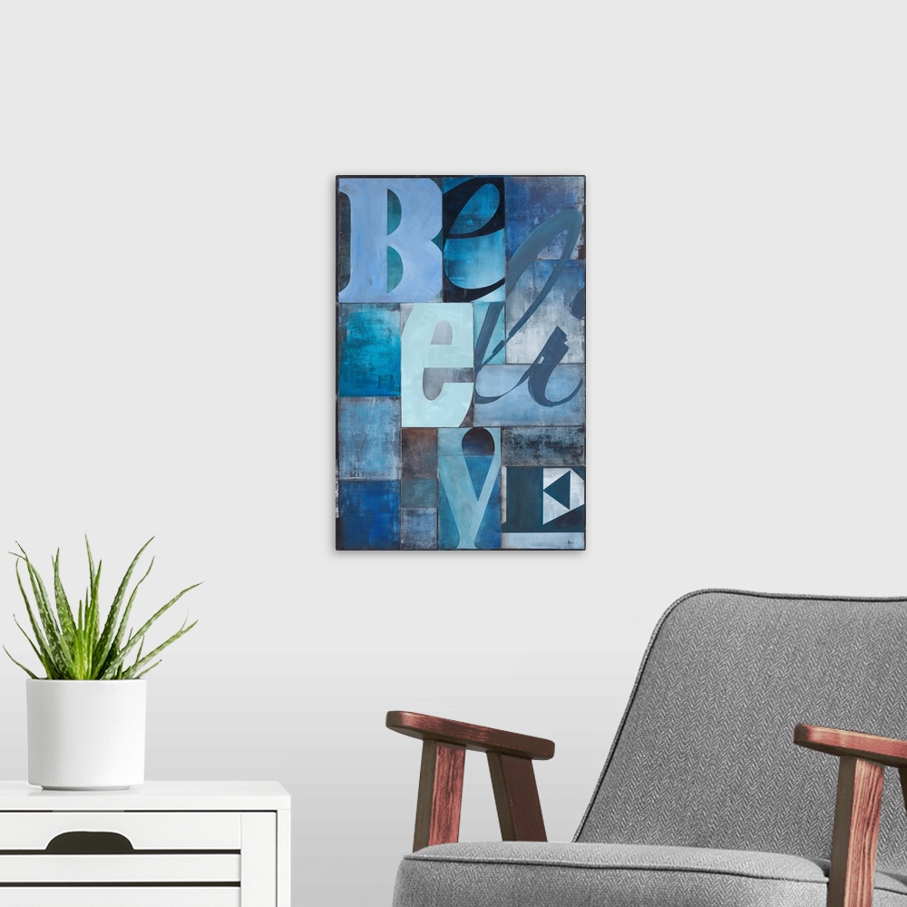 A modern room featuring This decorative wall art is a typographic painting using different typefaces or fonts for each le...