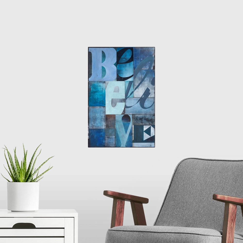 A modern room featuring This decorative wall art is a typographic painting using different typefaces or fonts for each le...