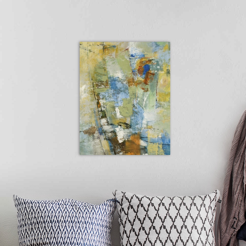 A bohemian room featuring A contemporary abstract painting using tones of blue and green, with hints of earth tones.