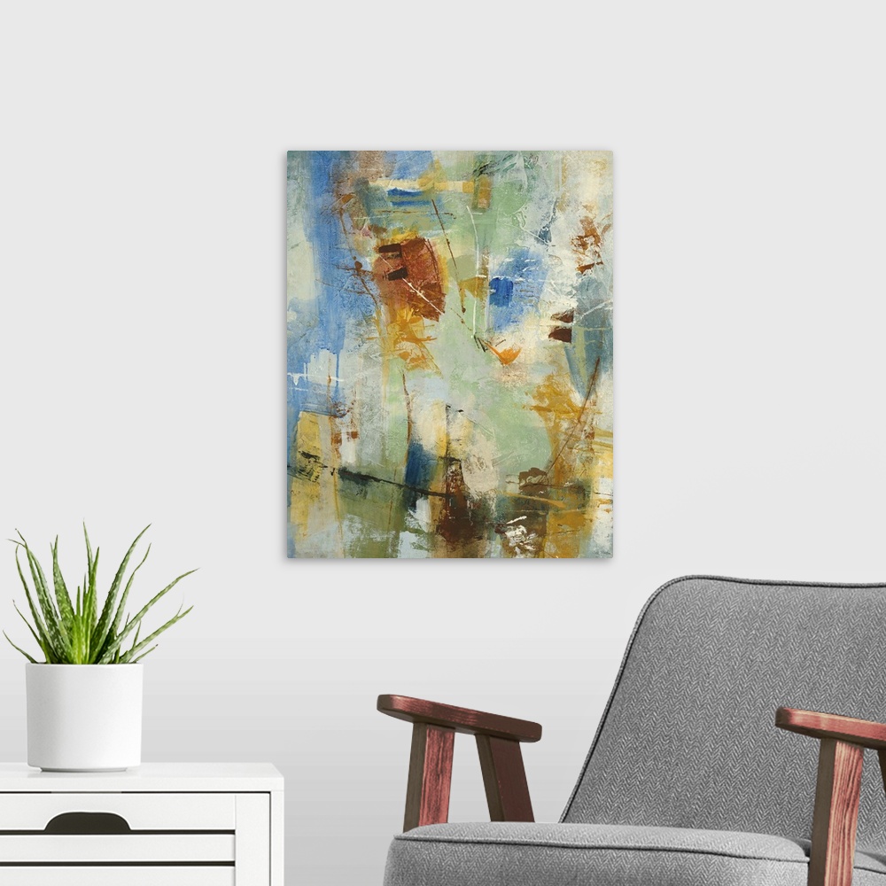 A modern room featuring A contemporary abstract painting using tones of blue and green, with hints of earth tones.
