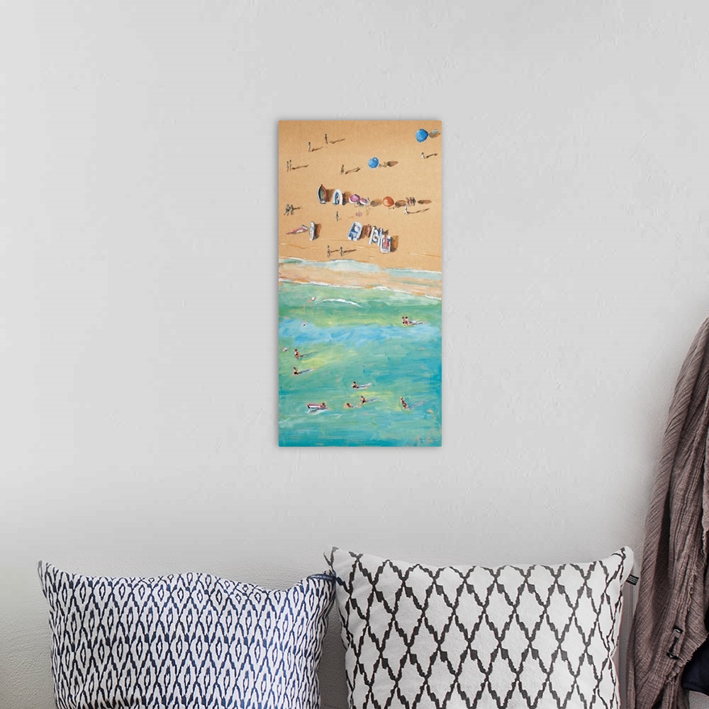 A bohemian room featuring Contemporary painting looking down on a beach with people enjoying the sun.