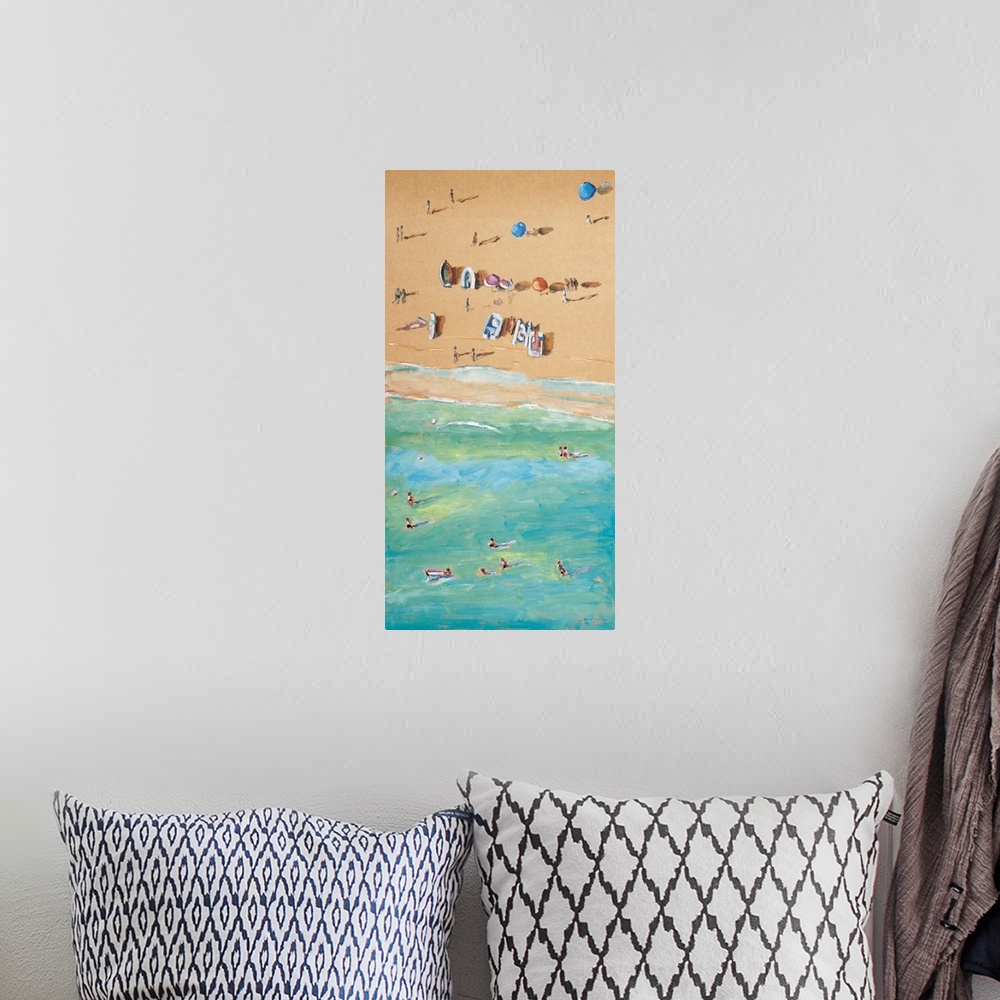 A bohemian room featuring Contemporary painting looking down on a beach with people enjoying the sun.
