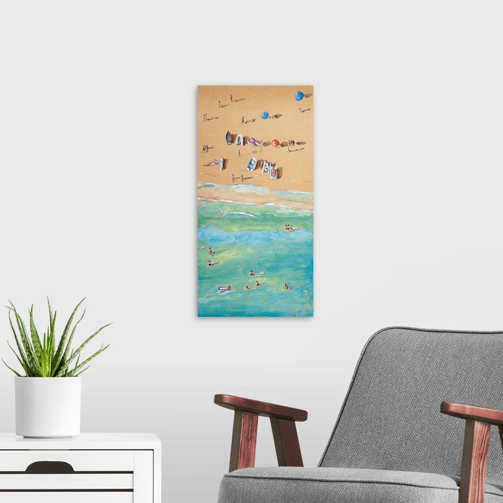 A modern room featuring Contemporary painting looking down on a beach with people enjoying the sun.