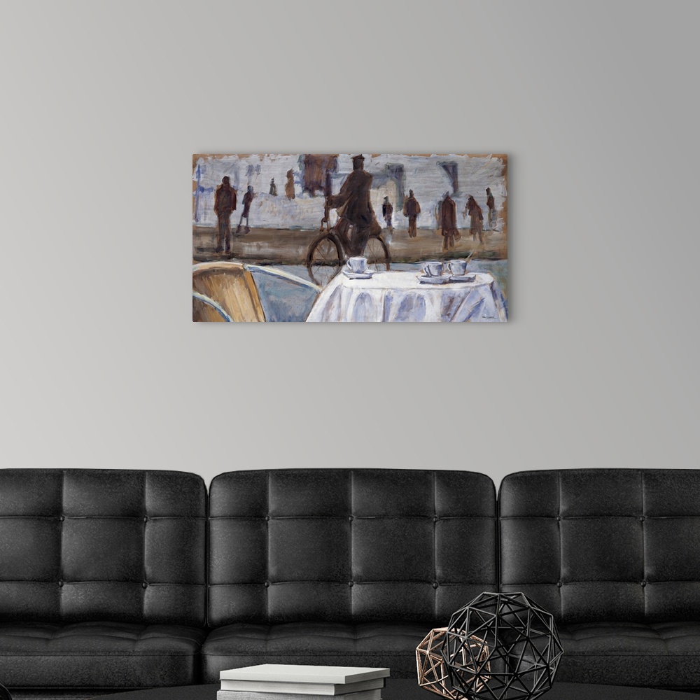 A modern room featuring A contemporary painting of a cafe scene looking out at silhouetted figures.