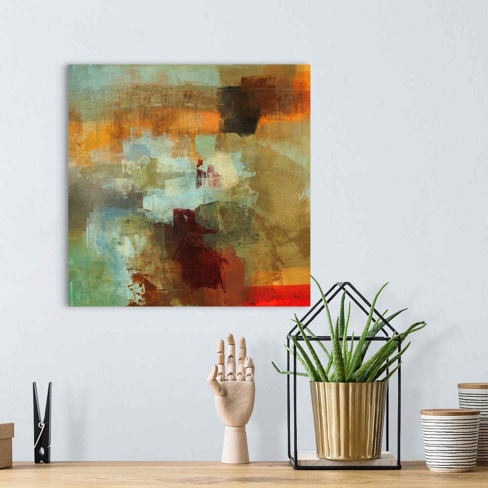 A bohemian room featuring Contemporary abstract painting of muted overlapping colors.