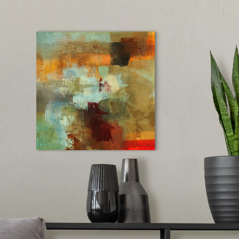 A modern room featuring Contemporary abstract painting of muted overlapping colors.