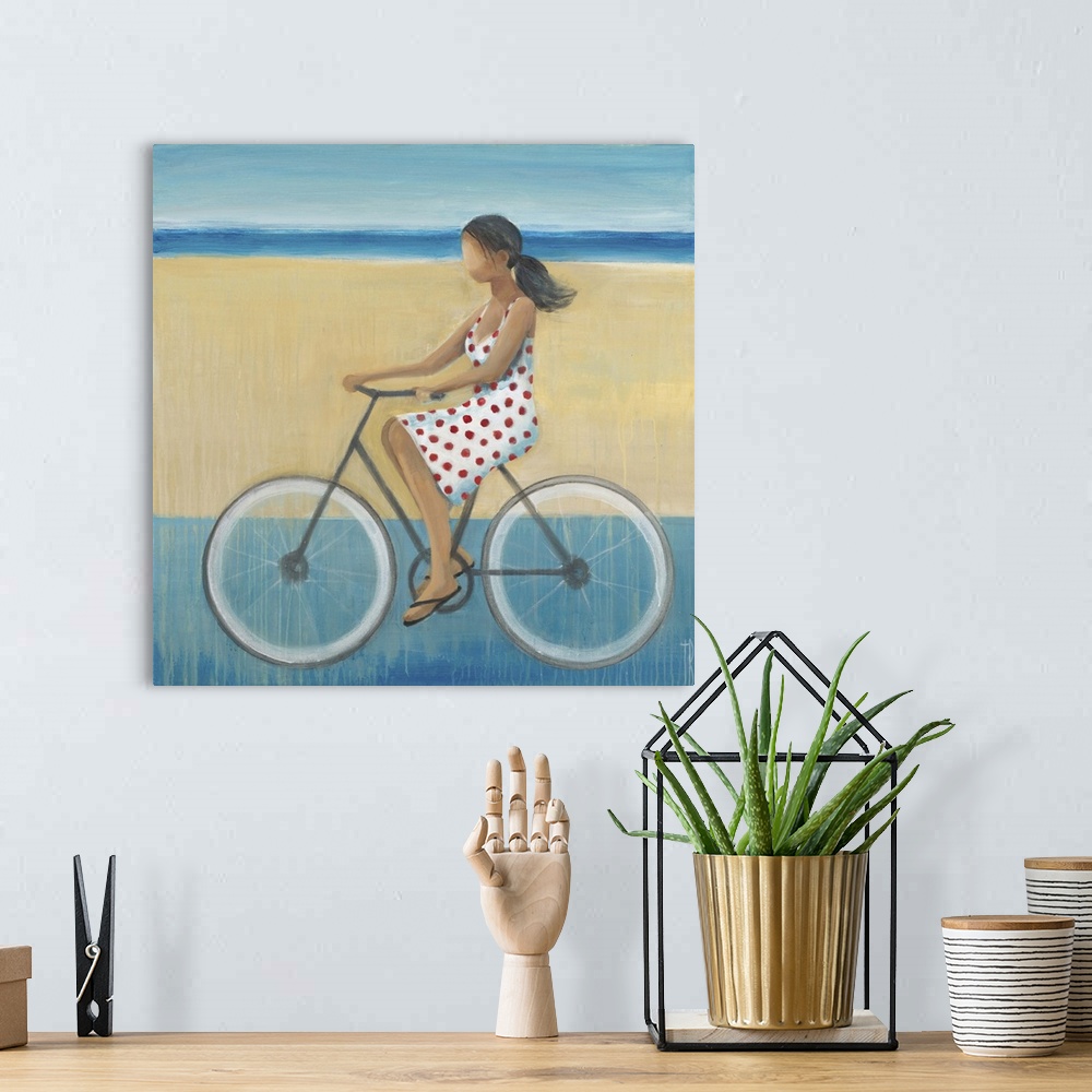 A bohemian room featuring Contemporary figurative painting of a woman riding a bicycle.