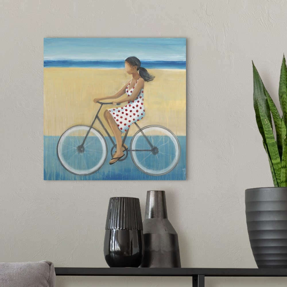 A modern room featuring Contemporary figurative painting of a woman riding a bicycle.