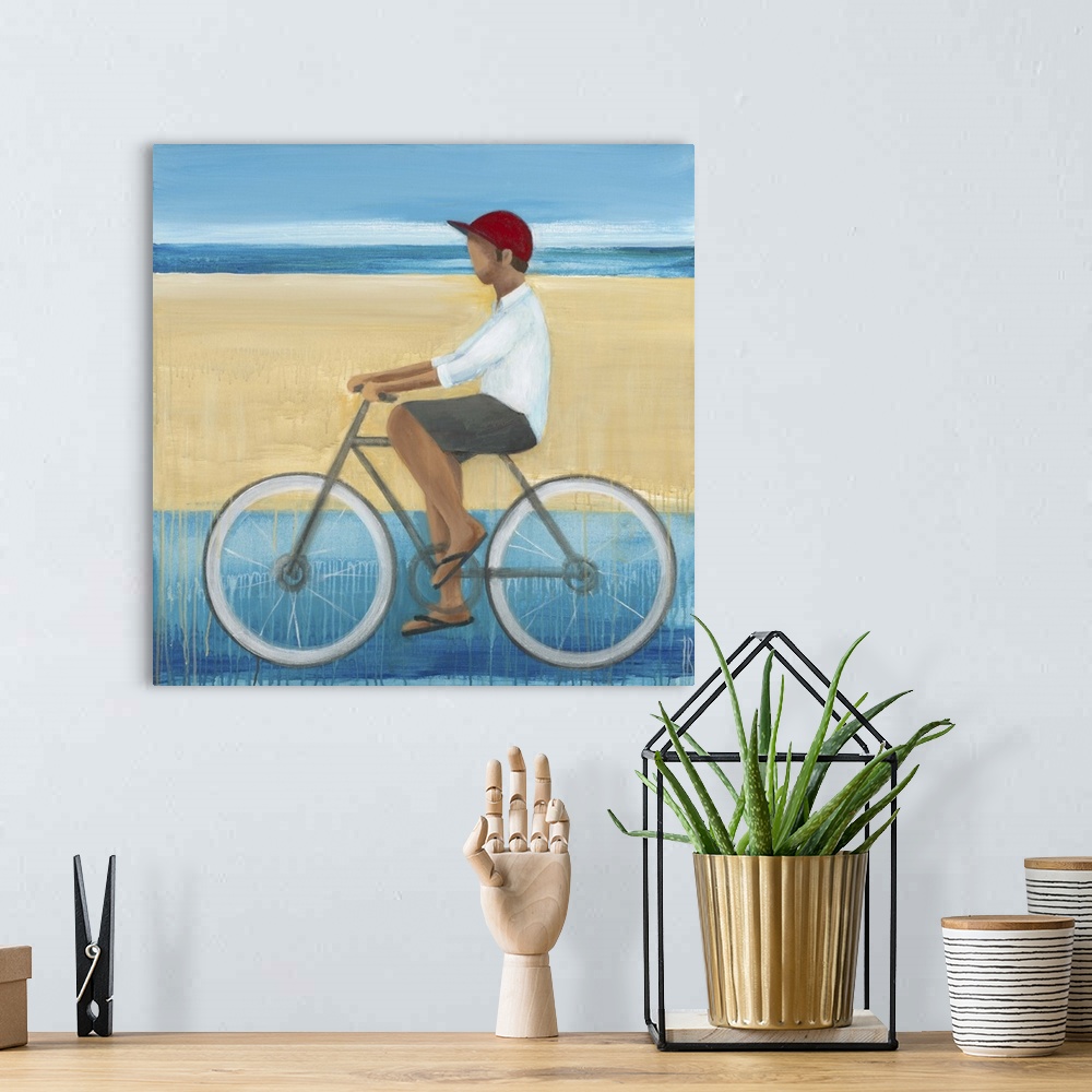 A bohemian room featuring Contemporary figurative painting of a man riding a bicycle.