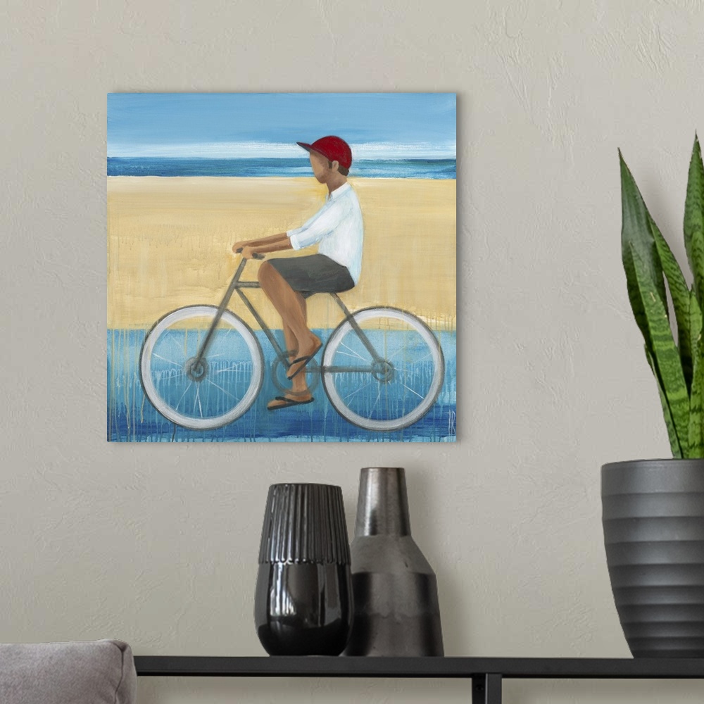 A modern room featuring Contemporary figurative painting of a man riding a bicycle.