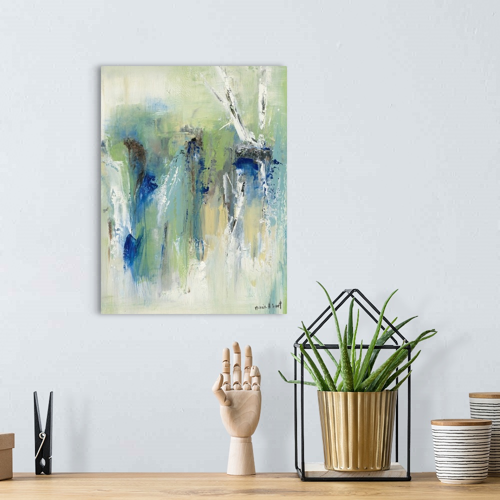 A bohemian room featuring Large abstract painting in blue, green, yellow, gray, ad white hues.
