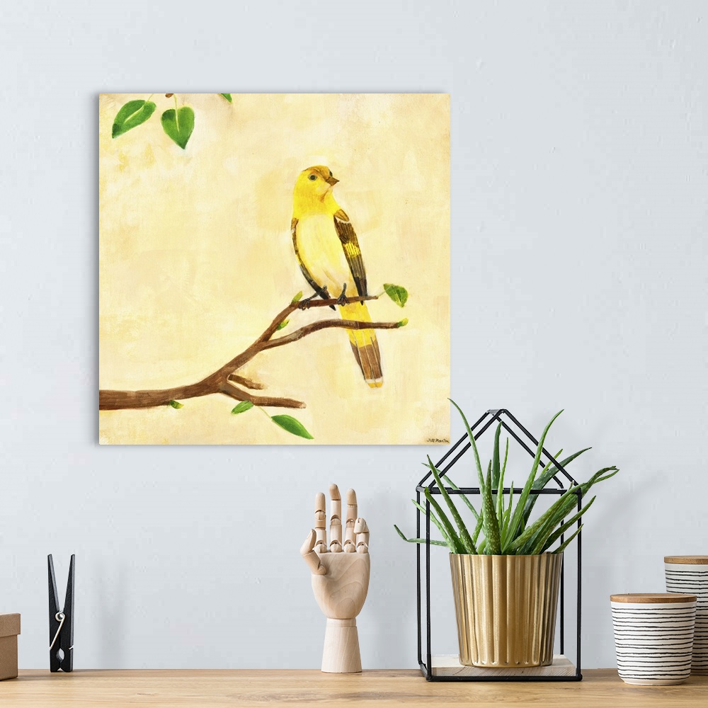 A bohemian room featuring Contemporary artwork of a yellow garden bird perched on a tree branch.