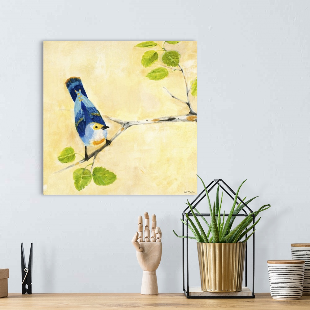 A bohemian room featuring Contemporary artwork of a blue garden bird perched on a tree branch.