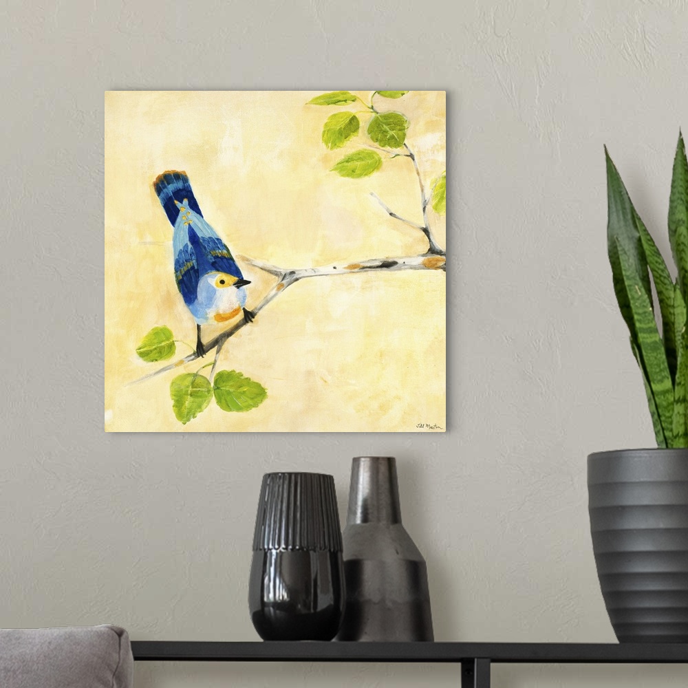 A modern room featuring Contemporary artwork of a blue garden bird perched on a tree branch.