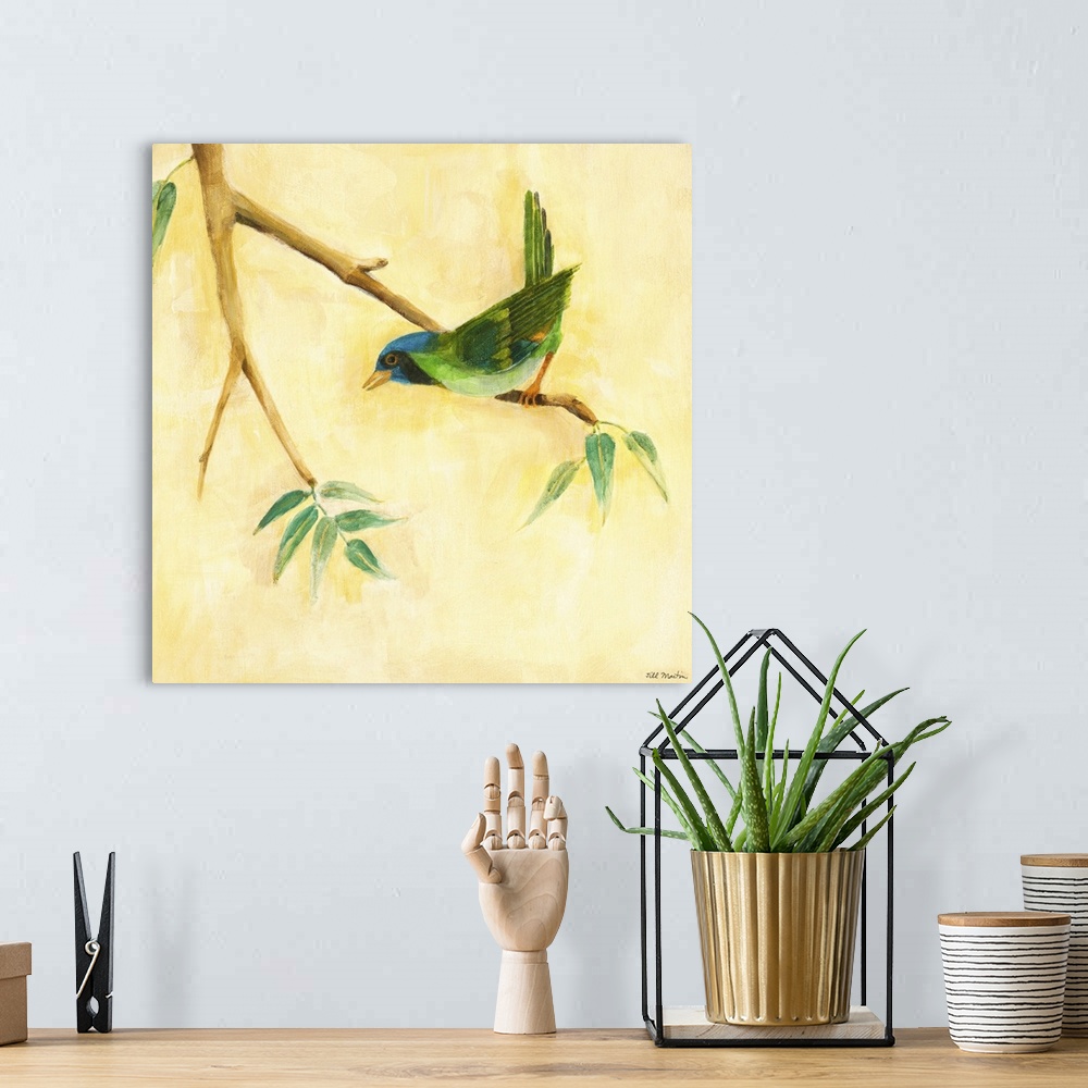 A bohemian room featuring Contemporary artwork of a green garden bird perched on a tree branch.