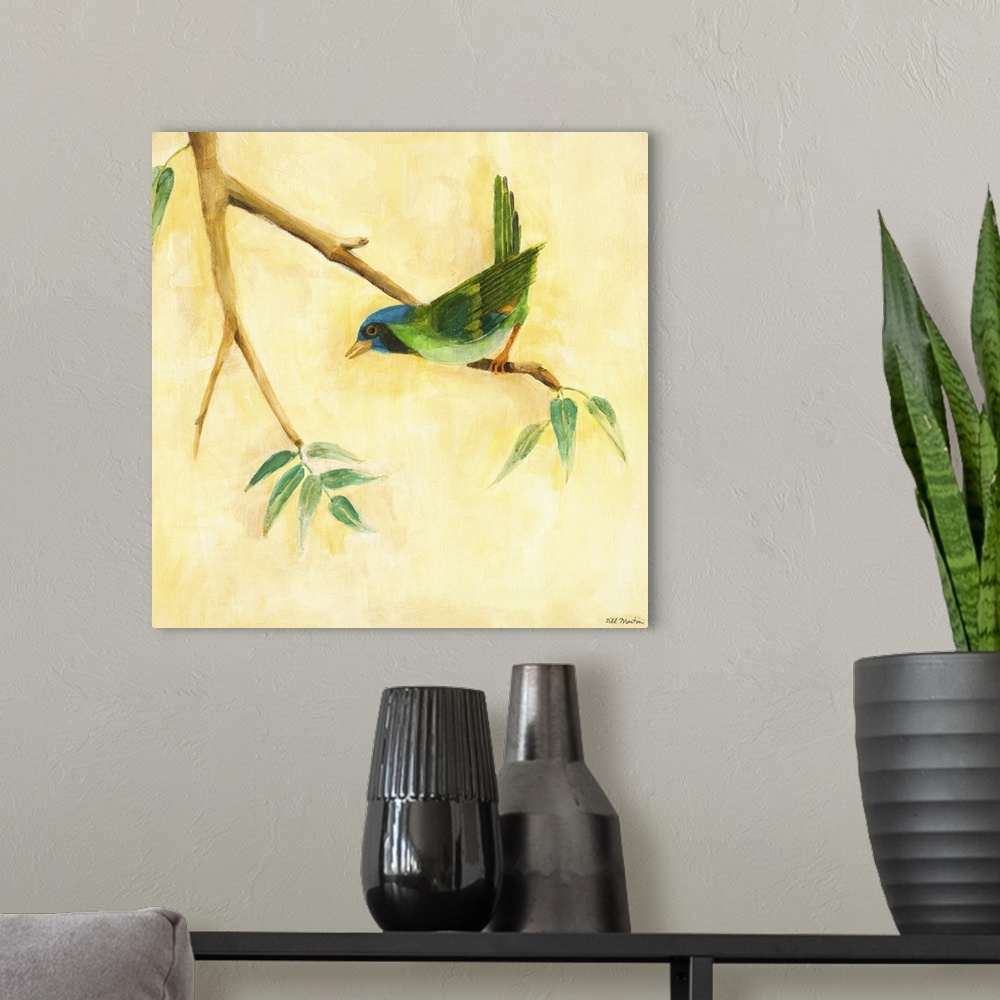 A modern room featuring Contemporary artwork of a green garden bird perched on a tree branch.