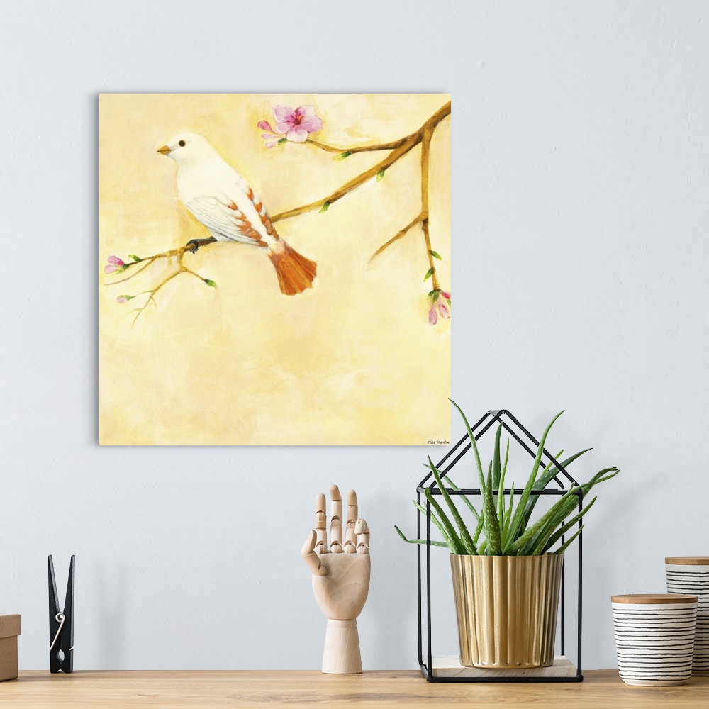 A bohemian room featuring Contemporary artwork of a white and orange garden bird perched on a tree branch.