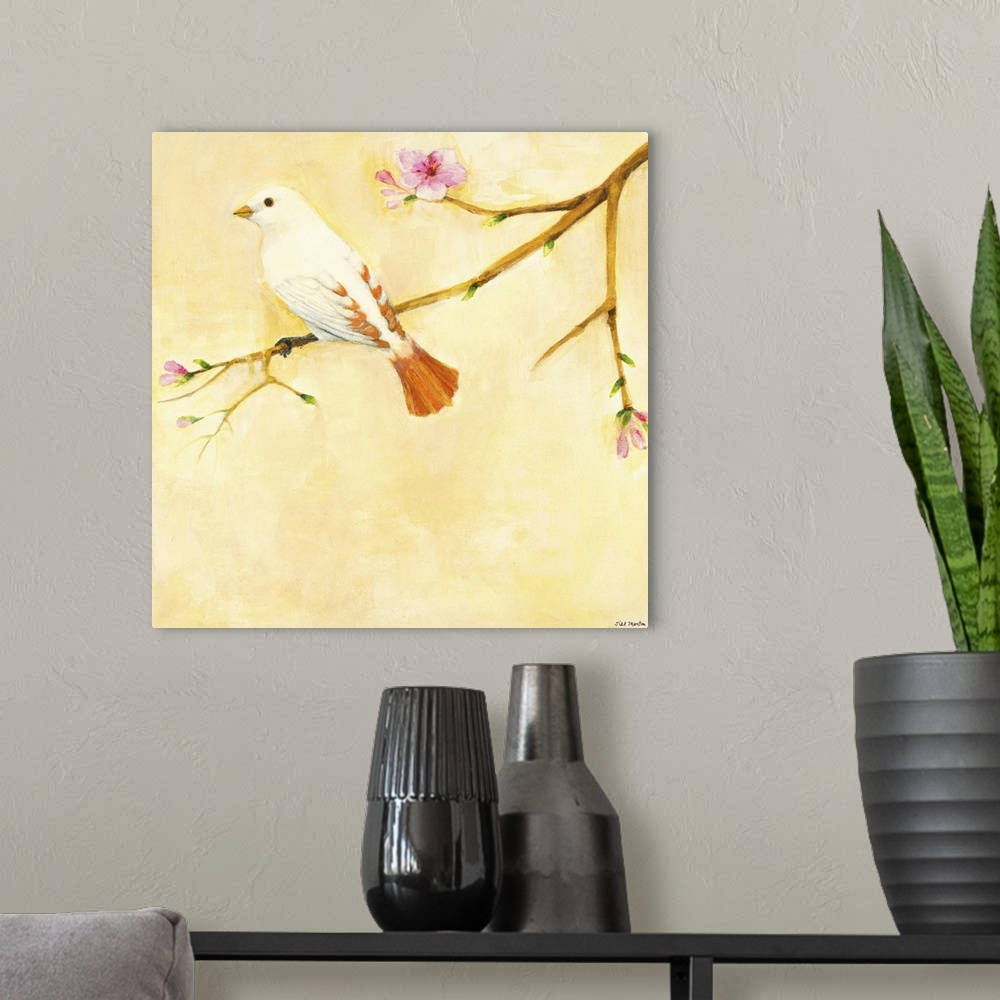 A modern room featuring Contemporary artwork of a white and orange garden bird perched on a tree branch.