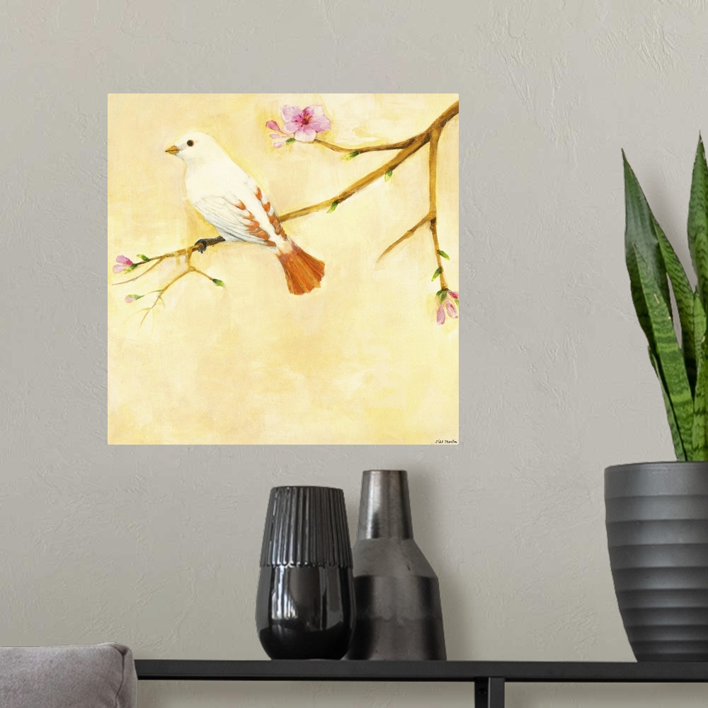 A modern room featuring Contemporary artwork of a white and orange garden bird perched on a tree branch.