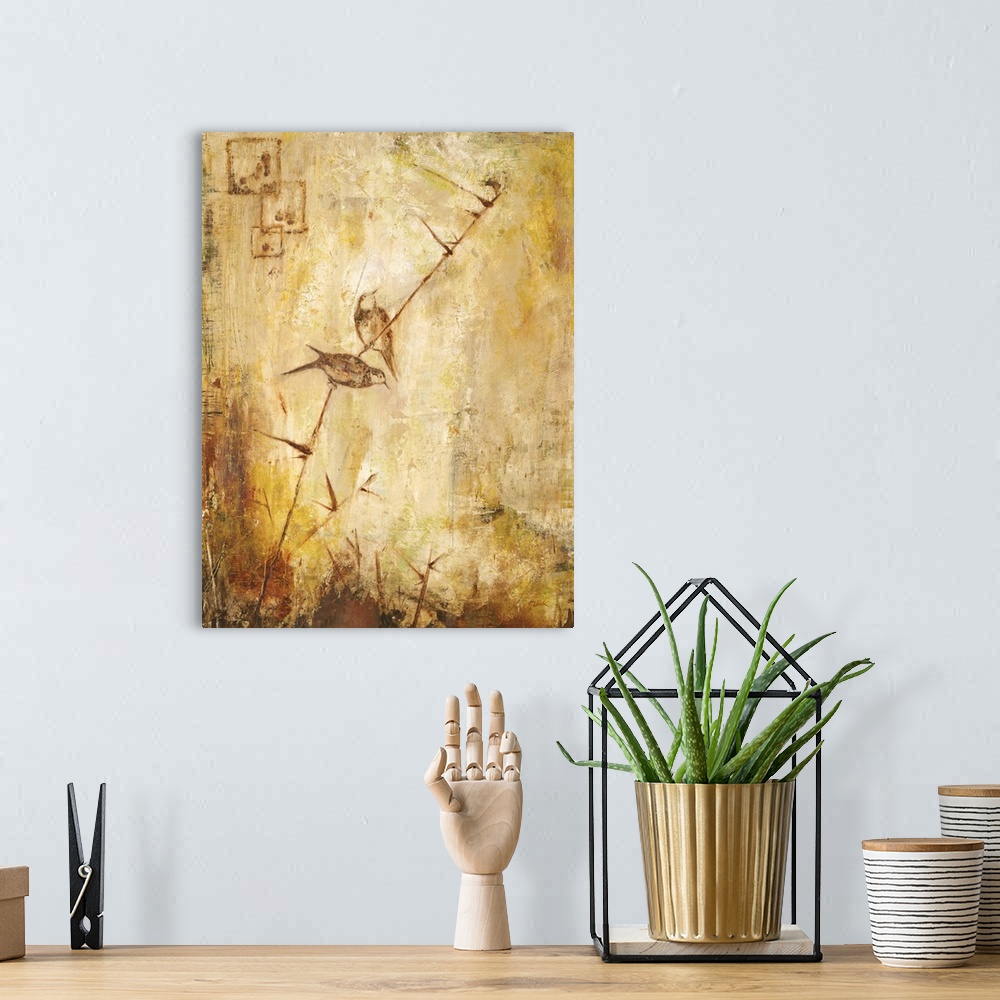 A bohemian room featuring Contemporary painting of a pair of birds perched on a long thin stem.